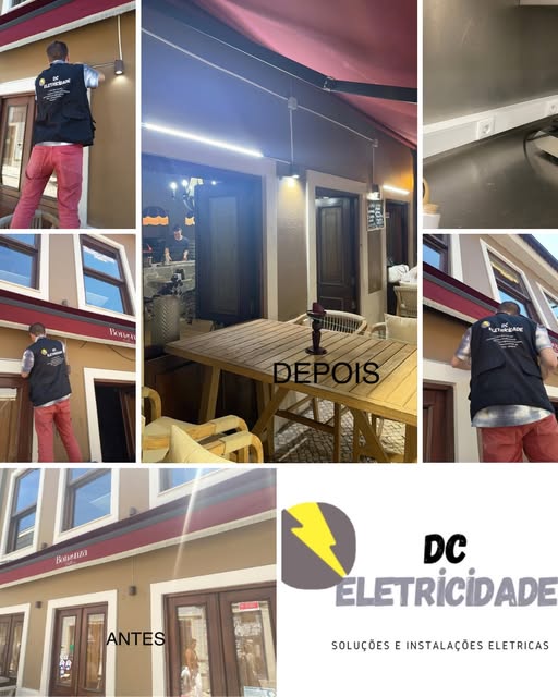 collage showing a handyman installing exterior lighting at a building, with 'ANTES' (before) and 'DEPOIS' (after) labels and a DC Eletricidade logo in the bottom right.